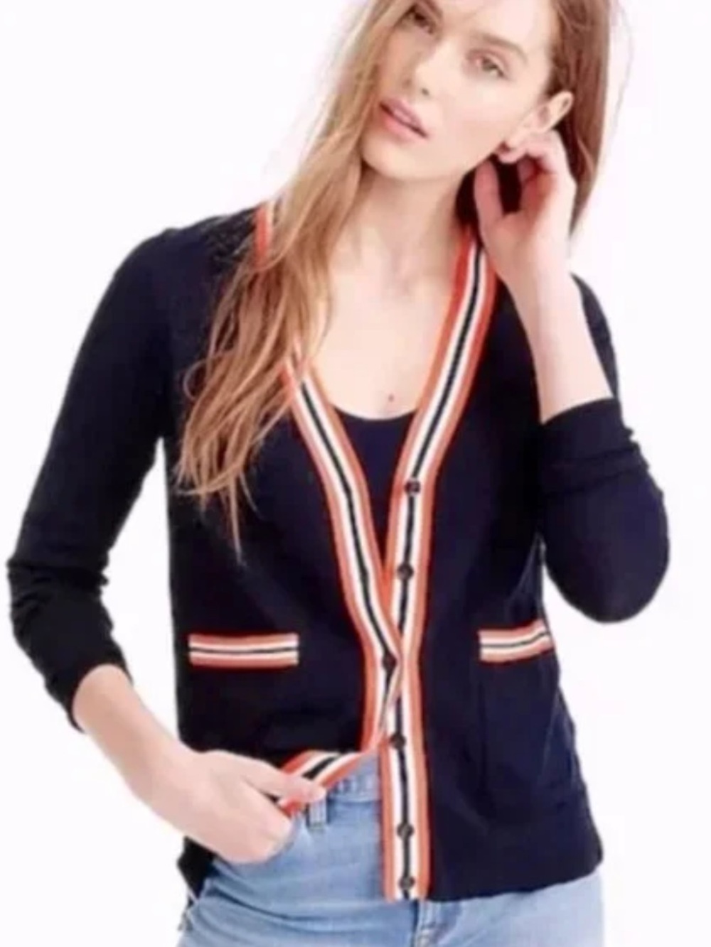 JCREW Navy Striped-Trim V-Neck Cardigan Sweater - Women